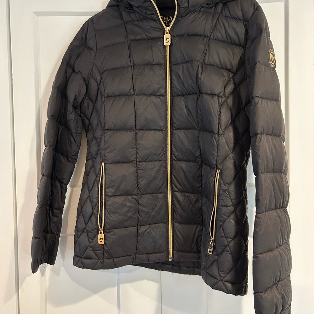 Michael Kors Black Puffer Jacket with Gold Accents